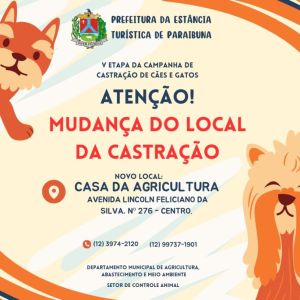 Atualização: 5ª etapa da Campanha de Castração Gratuita de Cães e Gatos em Paraibuna será realizada na Casa da Agricultura