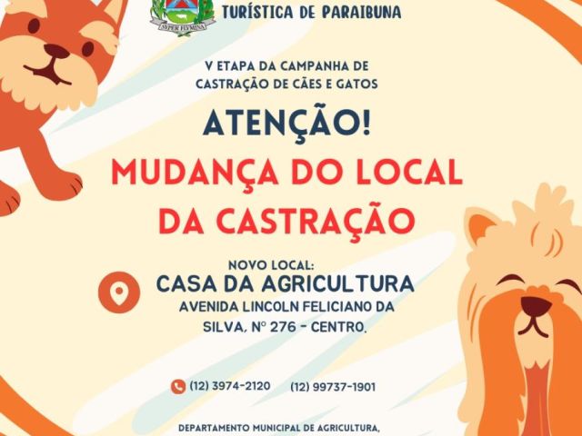 Atualização: 5ª etapa da Campanha de Castração Gratuita de Cães e Gatos em Paraibuna será realizada na Casa da Agricultura