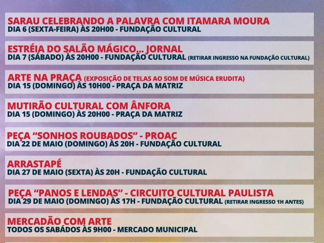 Confira a programação da agenda cultural de Paraibuna